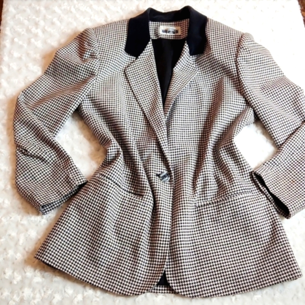 Prophecy Vintage Y2K Wool Blend Houndstooth Velvet Collared Blazer Size 12
